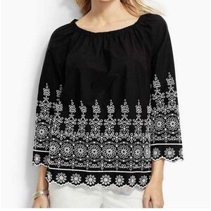 Talbots Embroidered Boho 3/4 sleeve Blouse Black and White Size S